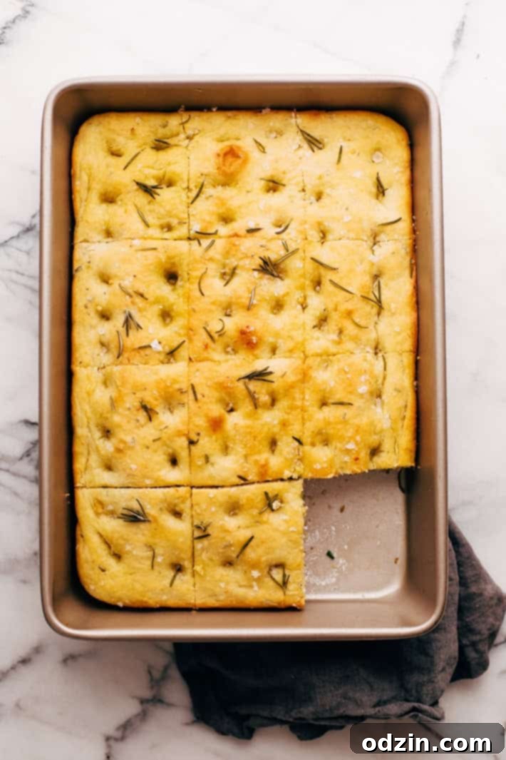 baking pan with squares of focaccia bread