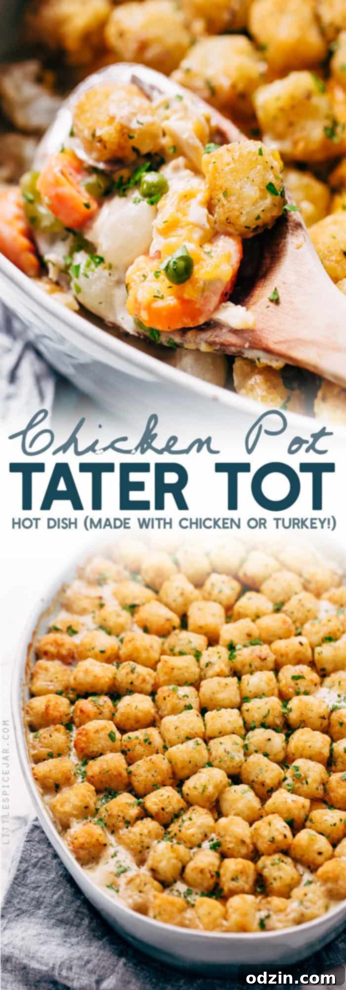 Full Chicken Pot Tater Tot Hotdish - A large baking dish filled with the golden brown hotdish, ready to be served, showcasing its comforting appeal.
