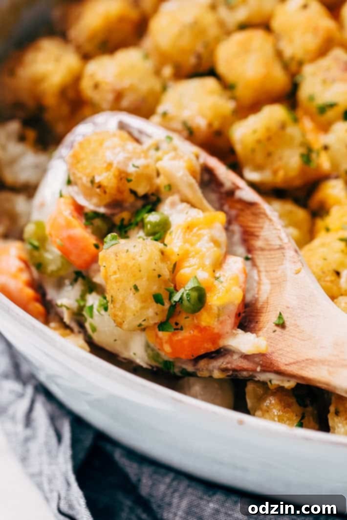 Creamy Chicken Pot Tater Tot Hotdish - A close-up of the delicious filling before being topped with tater tots, showcasing tender chicken and vibrant vegetables in a rich, homemade sauce. #hotdish #casserole #chickenpothotdish #chickentatertotcasserole #chickencasserole | Littlespicejar.com