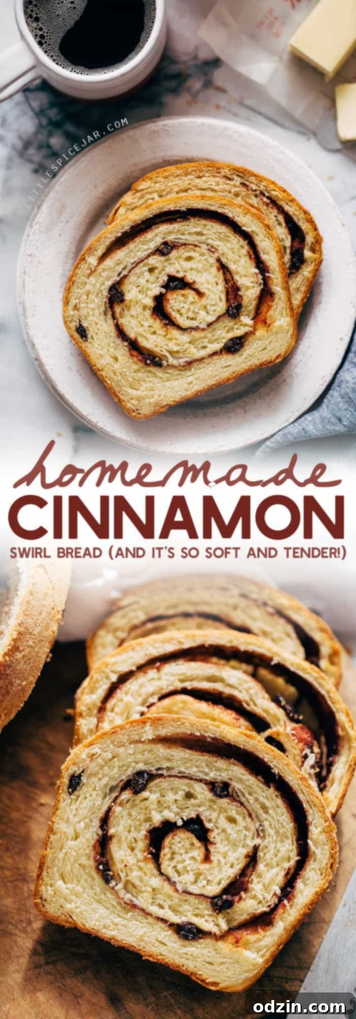 Homemade Cinnamon Swirl Bread - swirls of cinnamon sugar and raisins (or chocolate chips). Perfect to serve smeared with butter or to turn into french toast! #cinnamonbread #cinnamonswirlbread #swirlbread #cinnamonsugarbread | Littlespicejar.com
