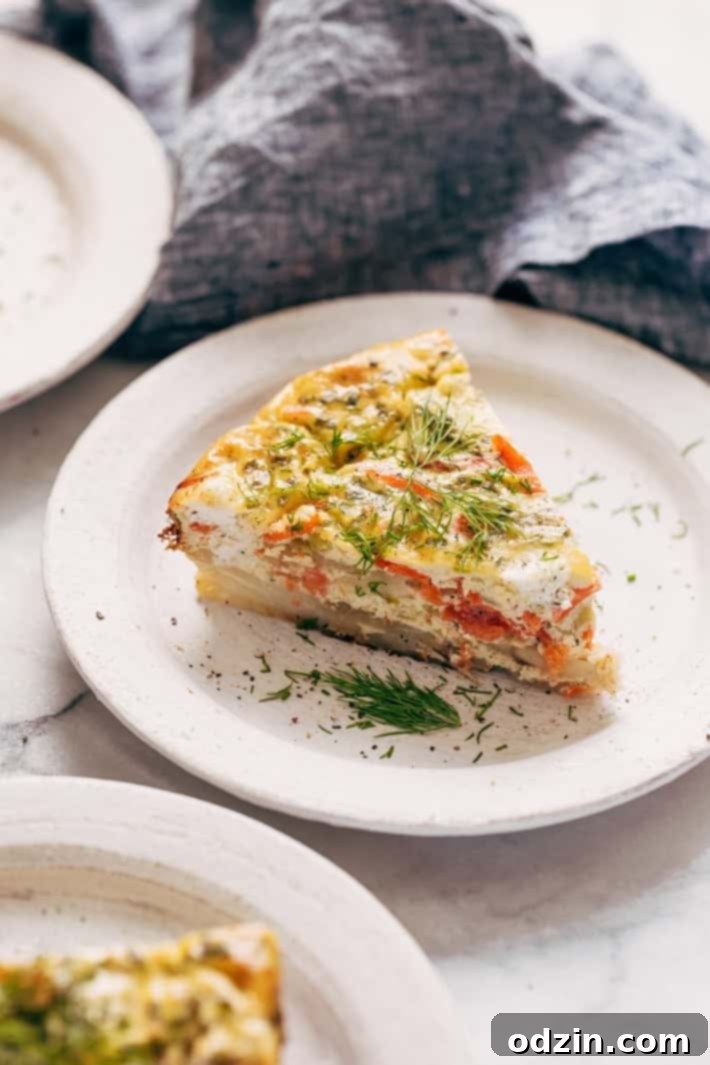 Smoked Salmon Breakfast Casserole - layers of thinly sliced potatoes, sautéed leeks, and flaky salmon. Great to serve for brunch! Smoked Salmon Breakfast Casserole - layers of thinly sliced potatoes, sautéed leeks, and flaky salmon. Great to serve for brunch!