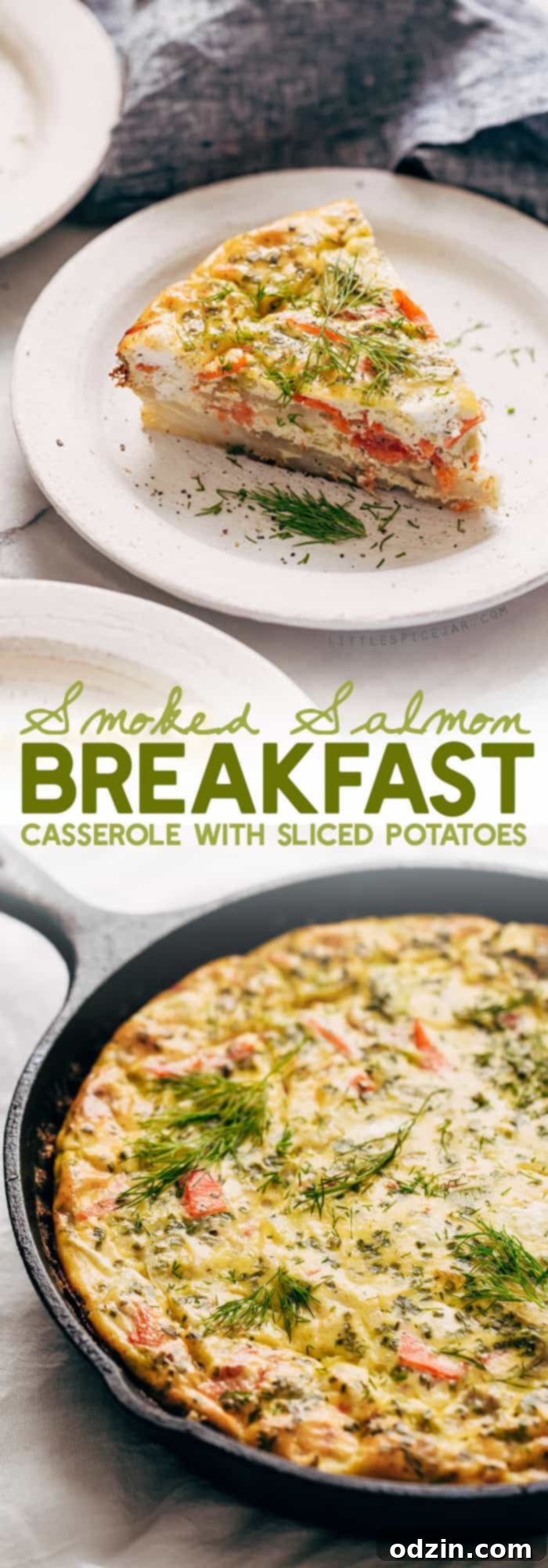 Smoked Salmon Breakfast Casserole - layers of thinly sliced potatoes, sautéed leeks, and flaky salmon. Great to serve for brunch! Smoked Salmon Breakfast Casserole - layers of thinly sliced potatoes, sautéed leeks, and flaky salmon. Great to serve for brunch!