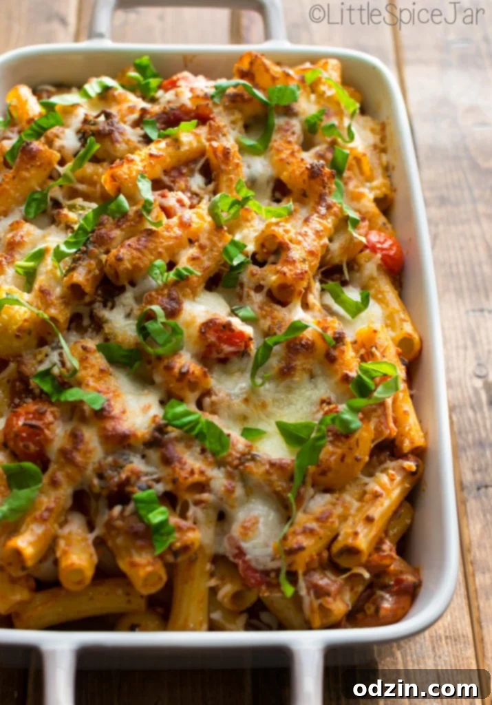 Fiery Caprese Pasta Bake 6 Serving baked Caprese Pasta directly from the dish