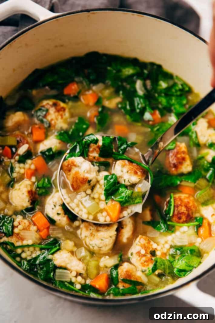 Hearty Italian Wedding Soup with tender chicken meatballs, spinach, and small pasta
