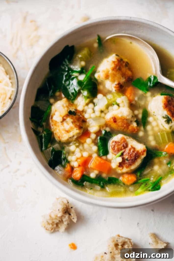 Finished Italian Wedding Soup in a bowl, ready to be served