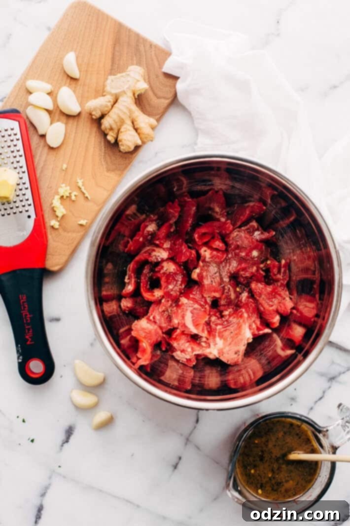 ingredients to marinate meat with on white marble