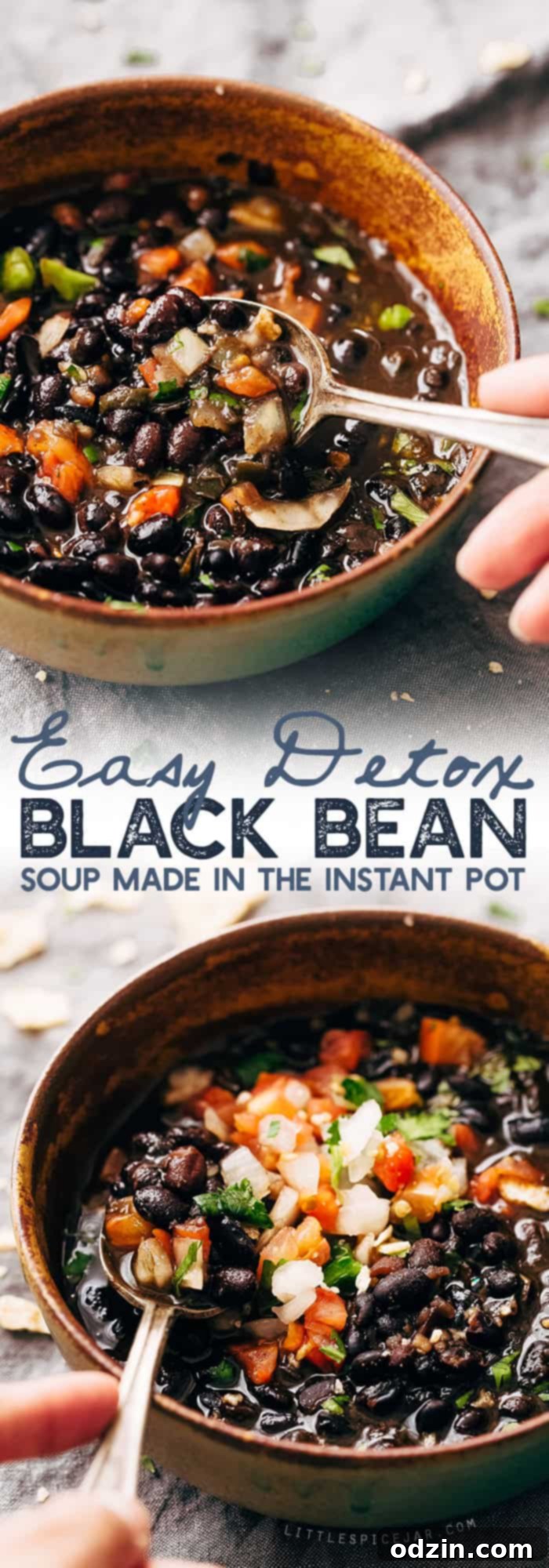 Instant Pot Easy Detoxing Black Bean Soup - a super simple homemade soup made in the pressure cooker! Great for bagged lunches because it's better as it sits! #spicyblackbeansoup #blackbeansoup #detoxsoup #detoxingsoup | Littlespicejar.com Instant Pot Easy Detoxing Black Bean Soup - a super simple homemade soup made in the pressure cooker! Great for bagged lunches because it's better as it sits! #spicyblackbeansoup #blackbeansoup #detoxsoup #detoxingsoup | Littlespicejar.com