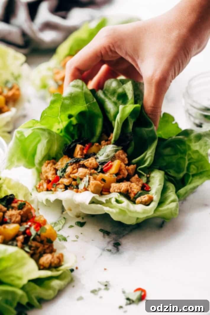 Springtime Basil Chicken Lettuce Wraps - basil chicken stuffed in lettuce wraps with garlic, red chilies, and sweet pineapple to tame that heat! The perfect protein-packed, low carb meal! #lettucewraps #thaibasilchicken #basilchicken #chickenlettucewraps | Littlespicejar.com