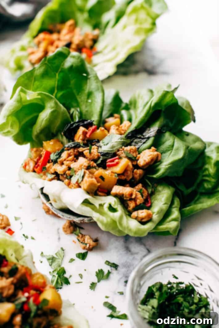 Springtime Basil Chicken Lettuce Wraps - basil chicken stuffed in lettuce wraps with garlic, red chilies, and sweet pineapple to tame that heat! The perfect protein-packed, low carb meal! #lettucewraps #thaibasilchicken #basilchicken #chickenlettucewraps | Littlespicejar.com