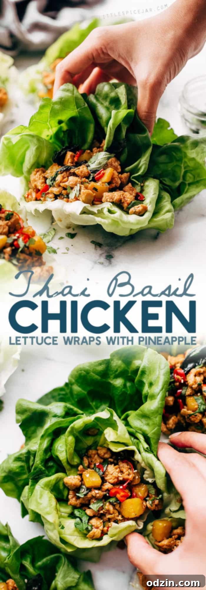 Springtime Basil Chicken Lettuce Wraps - basil chicken stuffed in lettuce wraps with garlic, red chilies, and sweet pineapple to tame that heat! The perfect protein-packed, low carb meal! #lettucewraps #thaibasilchicken #basilchicken #chickenlettucewraps | Littlespicejar.com
