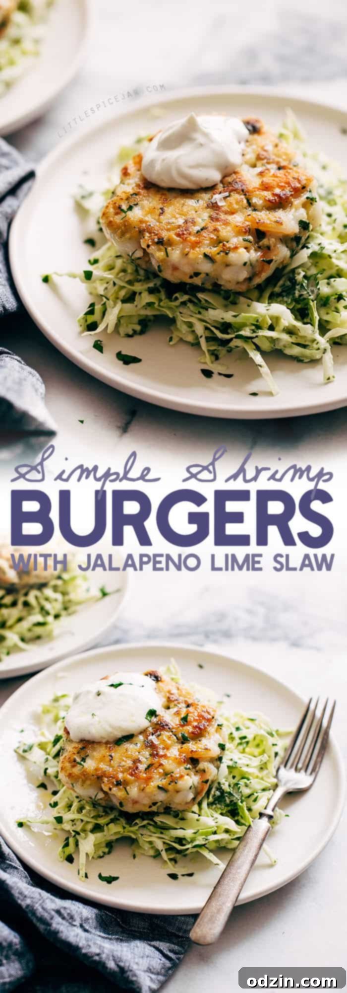 Simple Shrimp Burgers with Jalapeño Lime Slaw - these burgers take in the ballpark of 30 minutes to make. You can serve them on a bed of jalapeño lime slaw or on a brioche bun! Simple, healthy, and delicious! #seafood #shrimp #shrimpburgers #dinner #slaw | Littlespicejar.com Simple Shrimp Burgers with Jalapeño Lime Slaw - these burgers take in the ballpark of 30 minutes to make. You can serve them on a bed of jalapeño lime slaw or on a brioche bun! Simple, healthy, and delicious! #seafood #shrimp #shrimpburgers #dinner #slaw | Littlespicejar.com