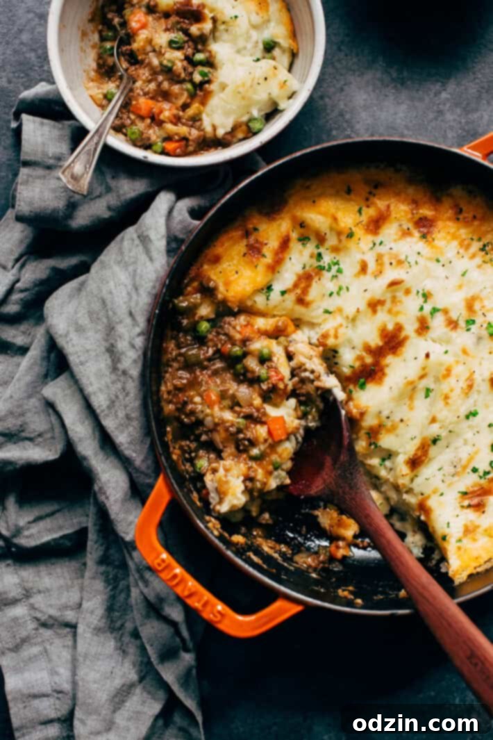 Shepherd's pie in a cast iron dish with a serving spoon and a bowl filled with the pie