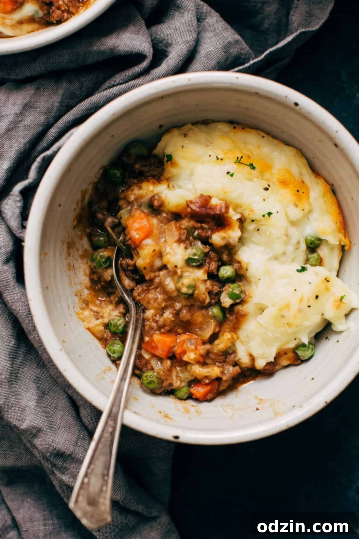 Close-up of a serving of shepherd's pie in a bowl with a spoon, highlighting the cheesy mash and rich filling