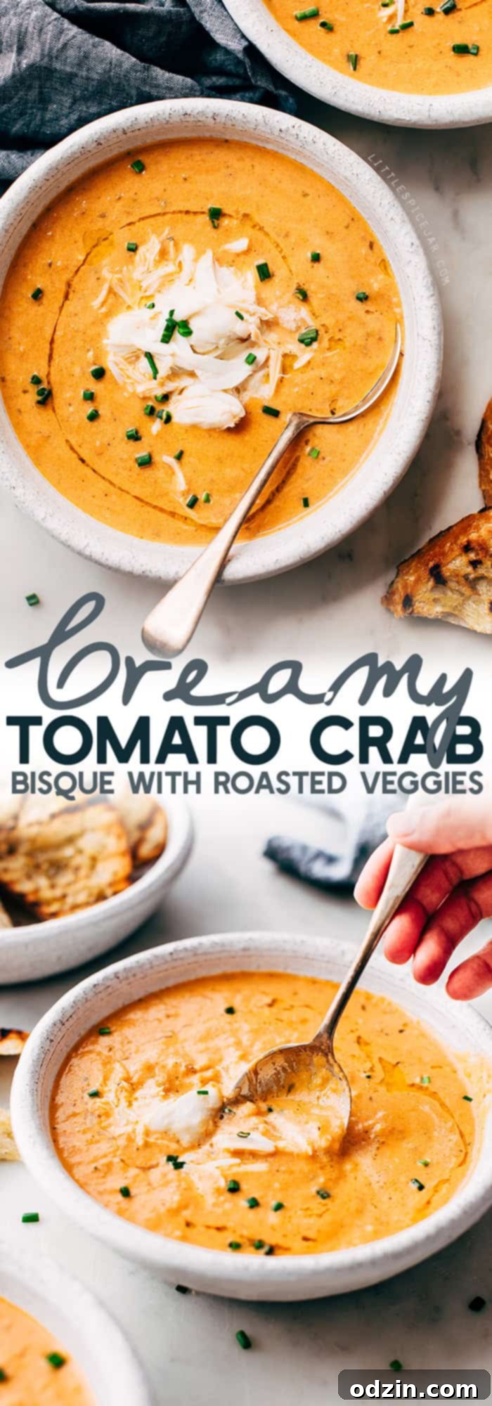 A generously sized bowl of Blushing Tomato Crab Bisque, garnished with vibrant green chives, showcasing its creamy texture and rich color. Perfect for a cozy meal or elegant entertaining. #comfortfood #seafooddinner #tomatocream