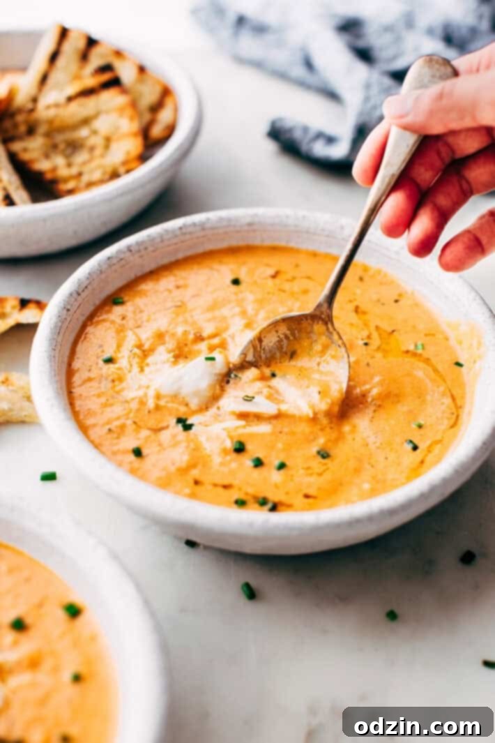 A bowl of Blushing Tomato Crab Bisque, garnished with fresh chives and extra crab meat, served with toasted baguette slices. A perfect blend of roasted tomato, creamy texture, and sweet crab. #dinnerideas #soupforthesoul #bisqueperfection