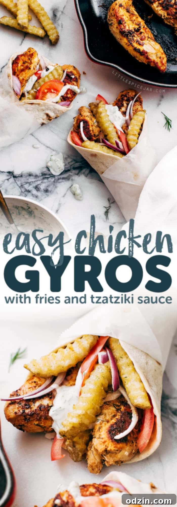 Spread of Easy Chicken Gyros Ingredients and Assembled Wraps