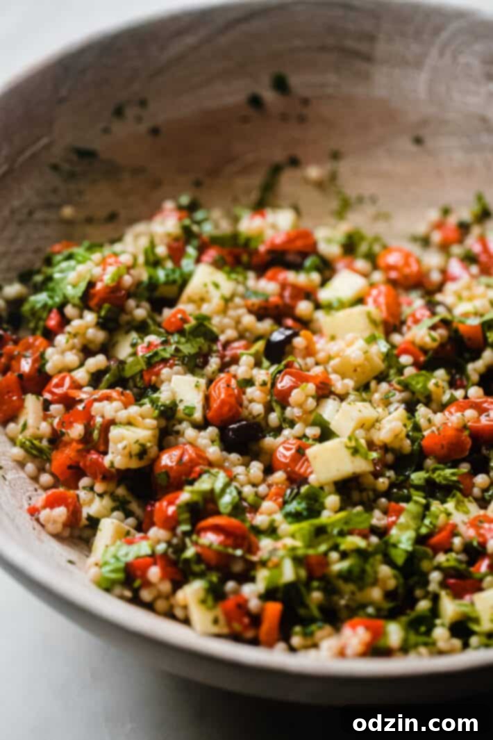 Mediterranean Roasted Garlic Couscous Medley 4 Close-up of couscous salad with mozzarella, roasted tomatoes, olives, and herbs in a bowl