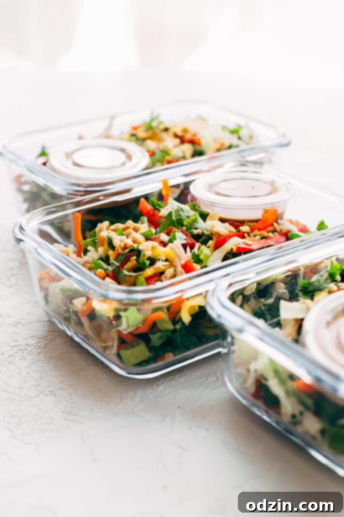 Chopped Thai Chicken Salad with Skinny Peanut Dressing (Meal Prep) - Learn how to prep an easy Thai chicken salad for your weekly lunches! So good and so skinny! #mealprep #choppedthaisalad #chickensalad #thaisalad | Littlespicejar.com