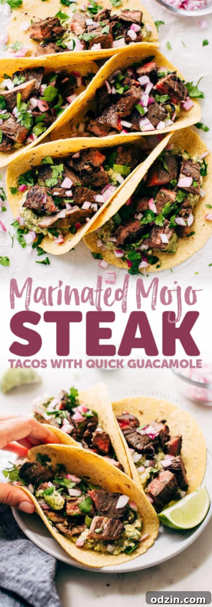 A vibrant close-up of a Mojo Steak Taco with fresh toppings and a lime wedge