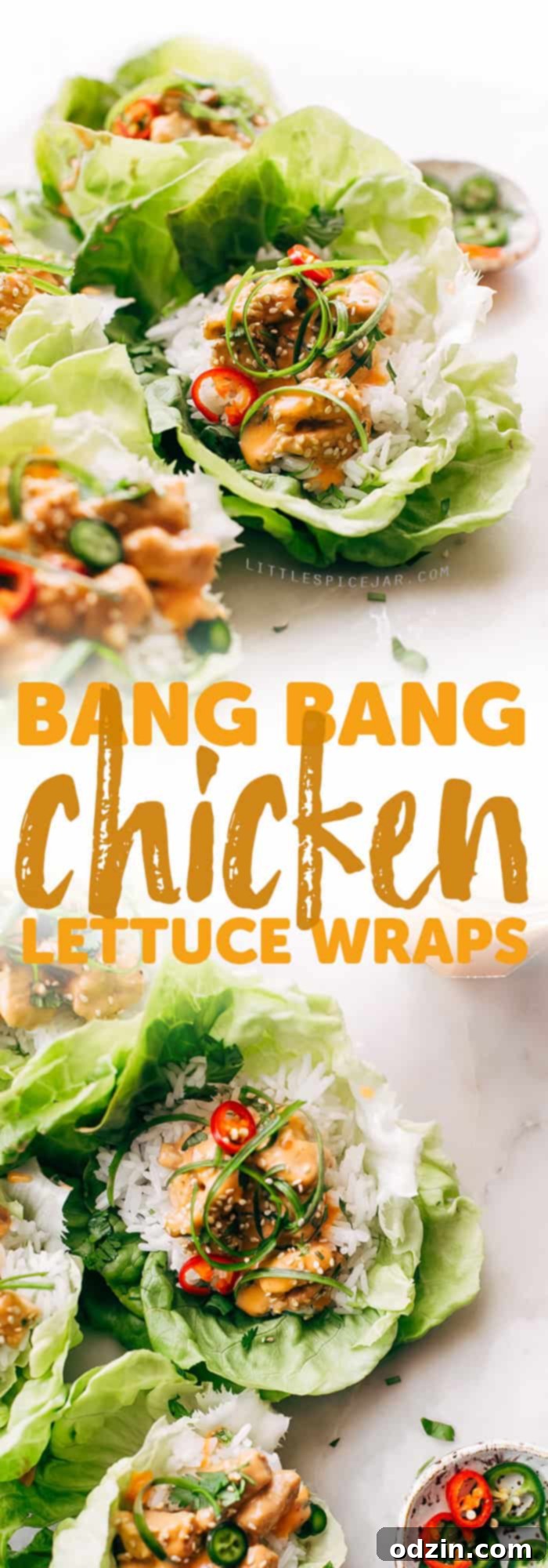 Bang Bang Chicken Lettuce Wraps - a homemade lettuce wrap stuffed with jasmine rice, sautéed chicken and tons of bang bang sauce! #bangbangchicken #bangbangsauce #bangbanglettucewraps #chickenlettucewraps | Littlespicejar.com Bang Bang Chicken Lettuce Wraps - a homemade lettuce wrap stuffed with jasmine rice, sautéed chicken and tons of bang bang sauce! #bangbangchicken #bangbangsauce #bangbanglettucewraps #chickenlettucewraps | Littlespicejar.com