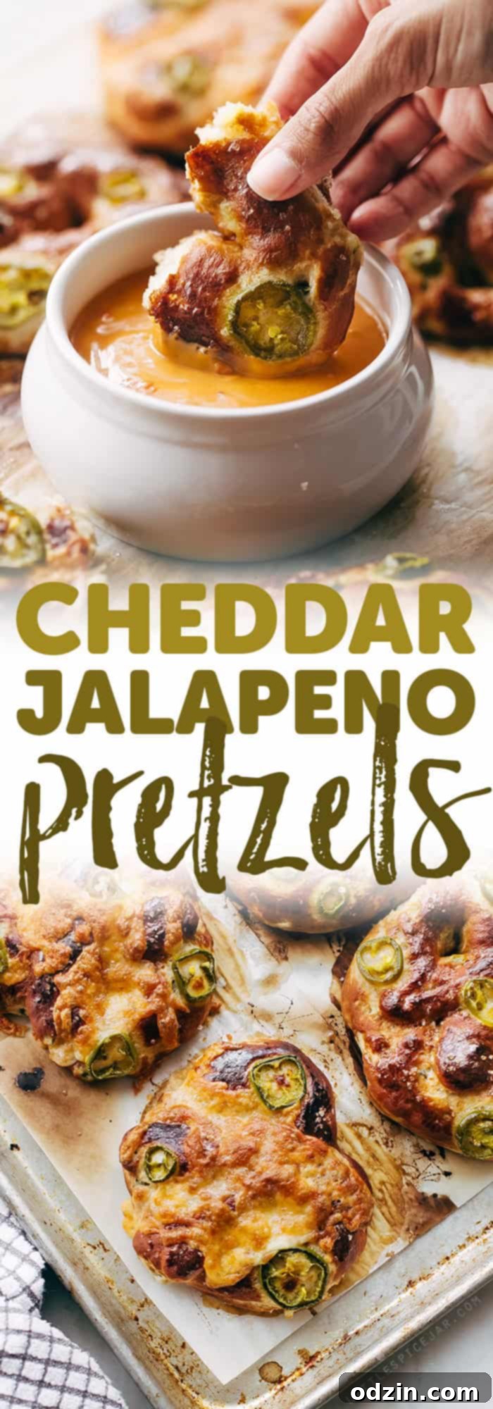 A large stack of golden homemade Cheddar Jalapeño Soft Pretzels.