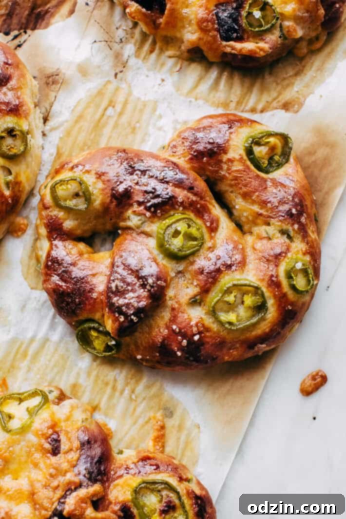 A tray of warm Cheddar Jalapeño Soft Pretzels just removed from the oven.