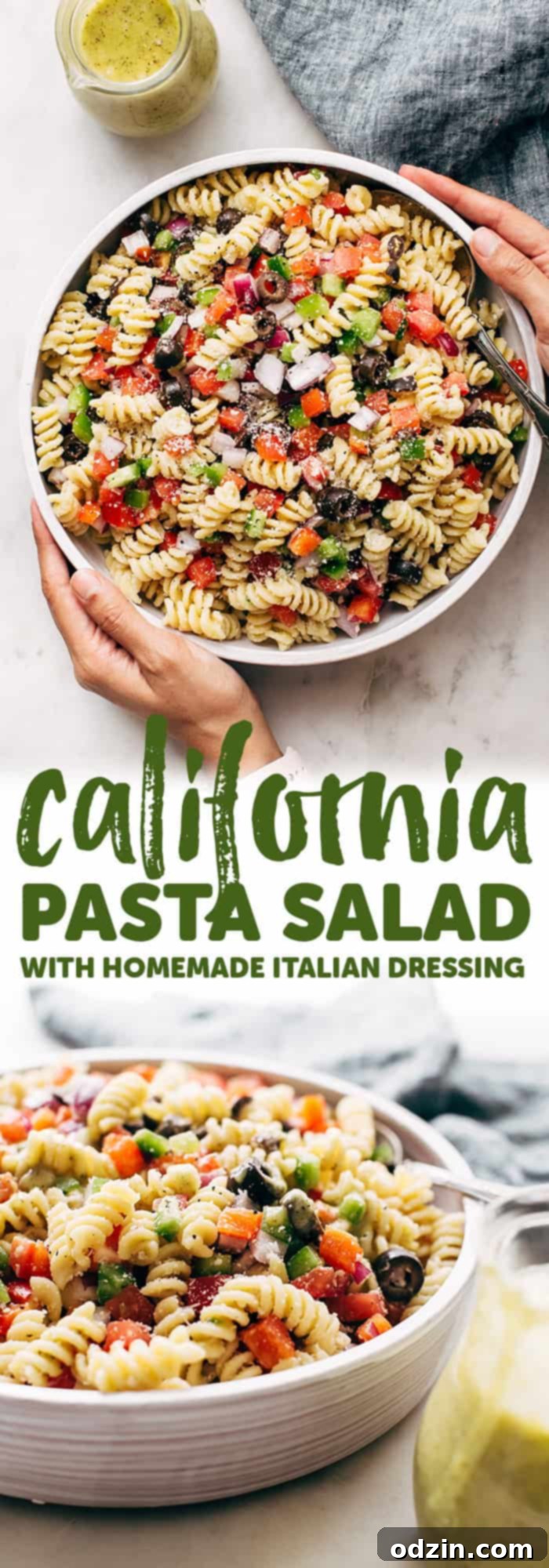 California Pasta Salad - made with homemade roasted garlic Italian dressing and tons of yummy salad toppings! Perfect for potlucks or picnics! #pastasalad #californiasalad #salad #spaghettisalad #potluck #choppedsalad | Littlespicejar.com Full spread of California Pasta Salad on a picnic table, ready for a summer outdoor meal.