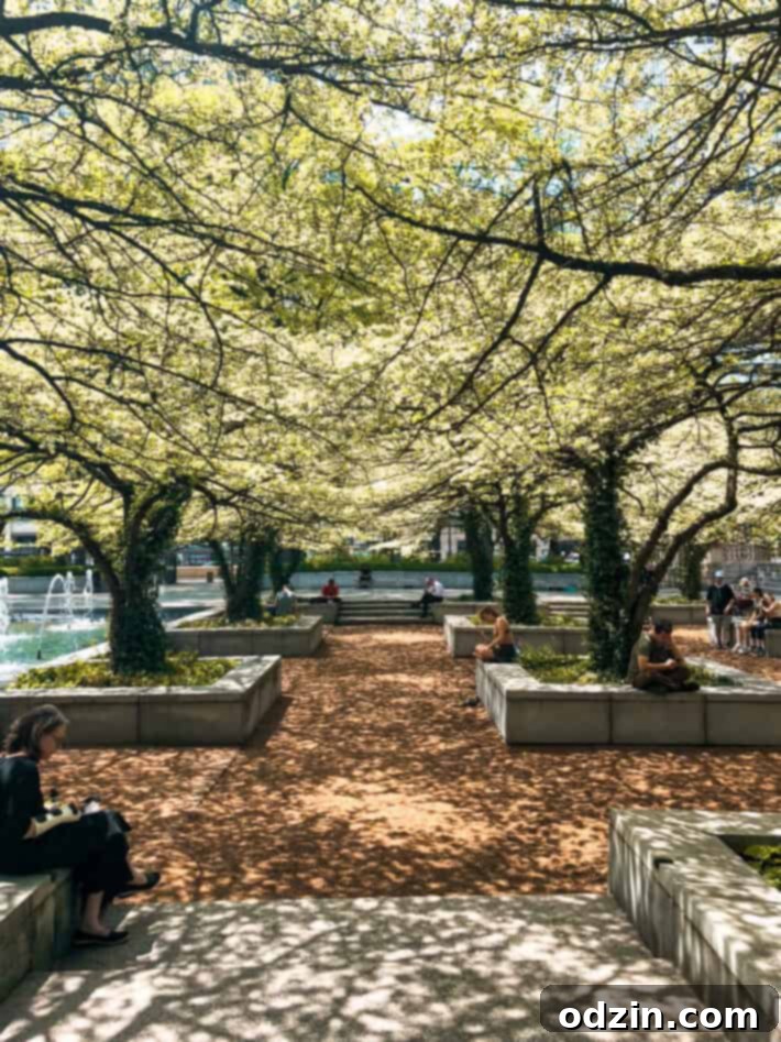 A vibrant public space in Chicago filled with artistic elements