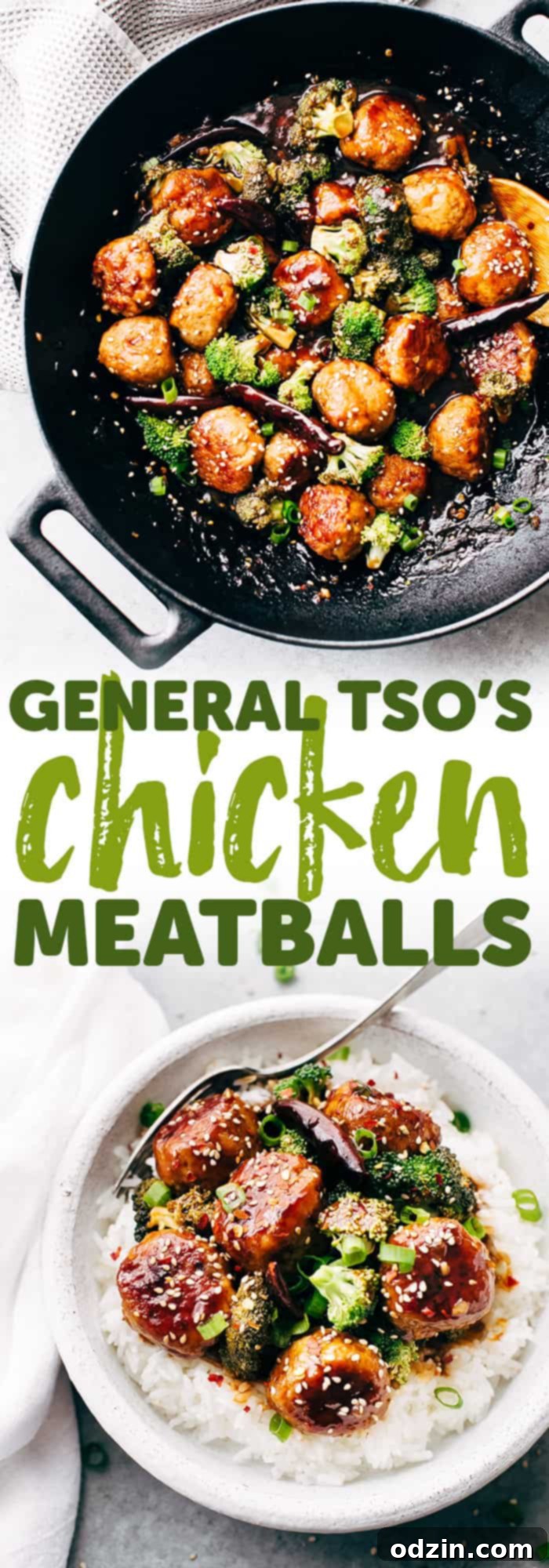 Final plated General Tso's Chicken Meatballs with steaming rice.