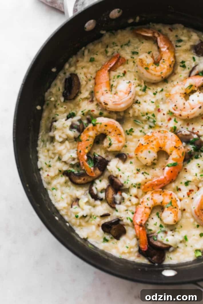 Mushroom Parmesan Shrimp Risotto - Learn how to make shrimp risotto at home with ease! Loaded with sautéed mushrooms, shrimp and tons of garlic! #shrimprisotto #mushroomrisotto #parmesanrisotto #homemaderisotto | Littlespicejar.com