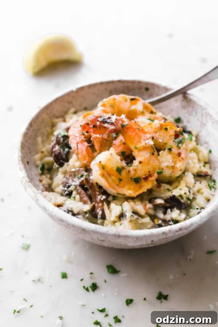 Mushroom Parmesan Shrimp Risotto - Learn how to make shrimp risotto at home with ease! Loaded with sautéed mushrooms, shrimp and tons of garlic! #shrimprisotto #mushroomrisotto #parmesanrisotto #homemaderisotto | Littlespicejar.com