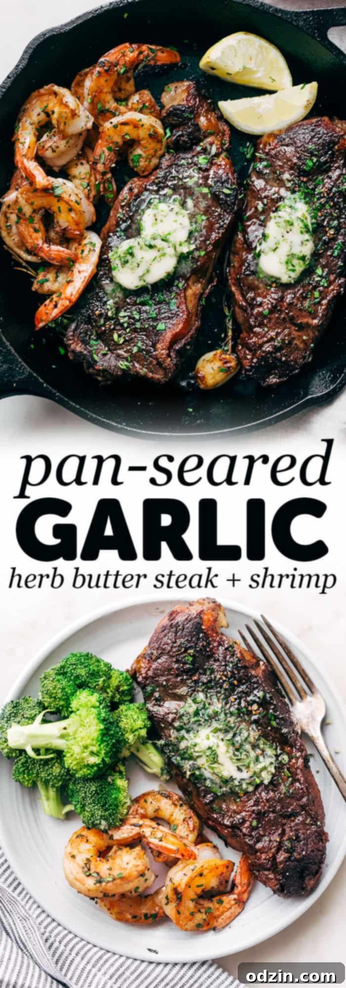 Full spread of garlic butter skillet steak and shrimp with delicious side dishes like roasted potatoes and greens.