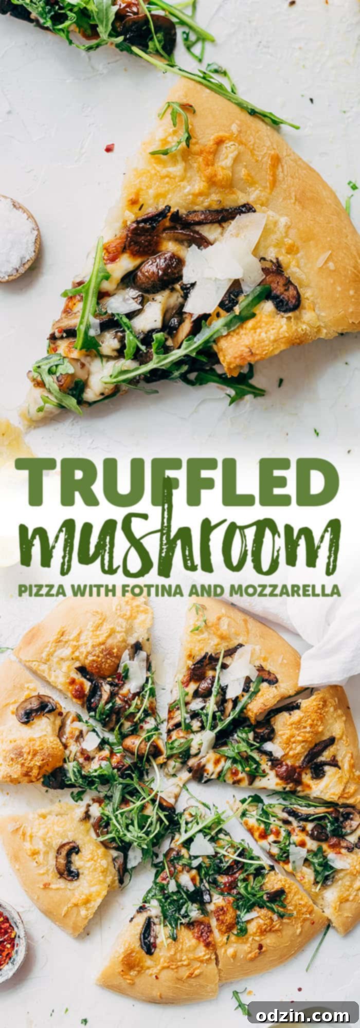 A large, beautifully photographed Truffled Mushroom Pizza, showcasing the full dish with its vibrant toppings, golden crust, and fresh arugula salad, ready to be enjoyed as a gourmet meal.