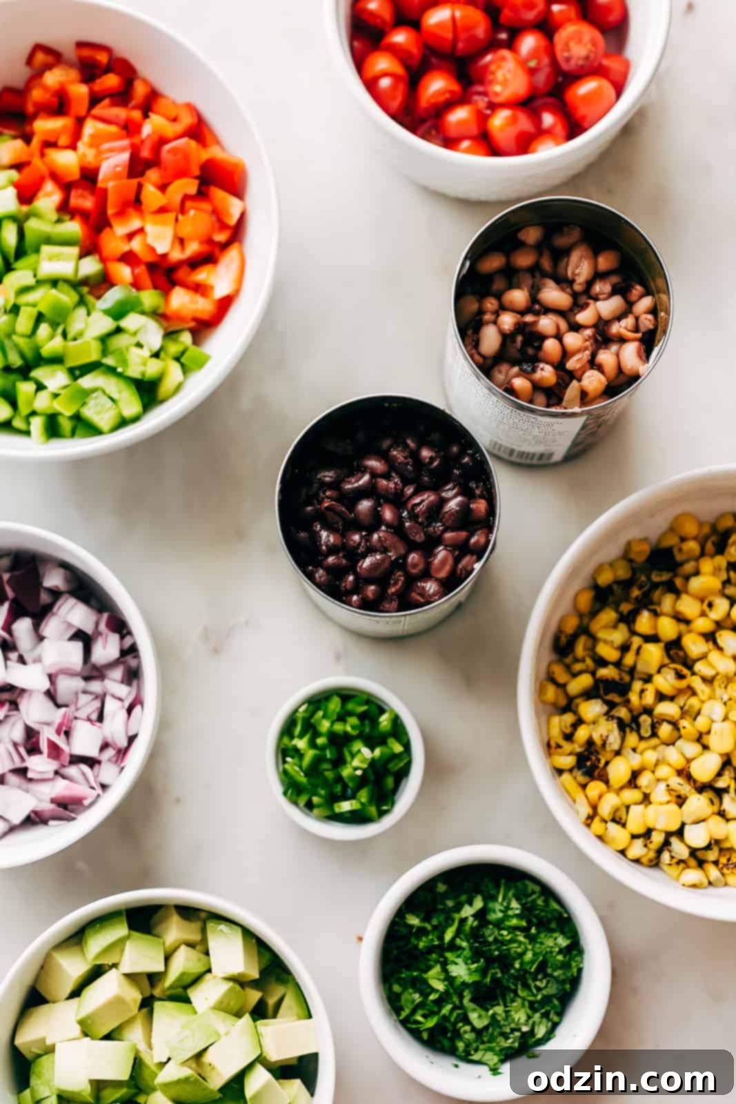 ingredients for dip in cans and bowls on white marble surface
