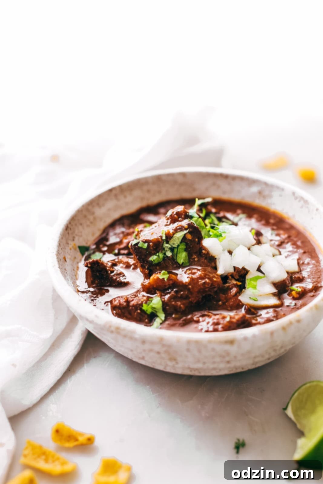 speckled bowl of texas chili with fresh diced onions and sprinkled with chopped cilantro