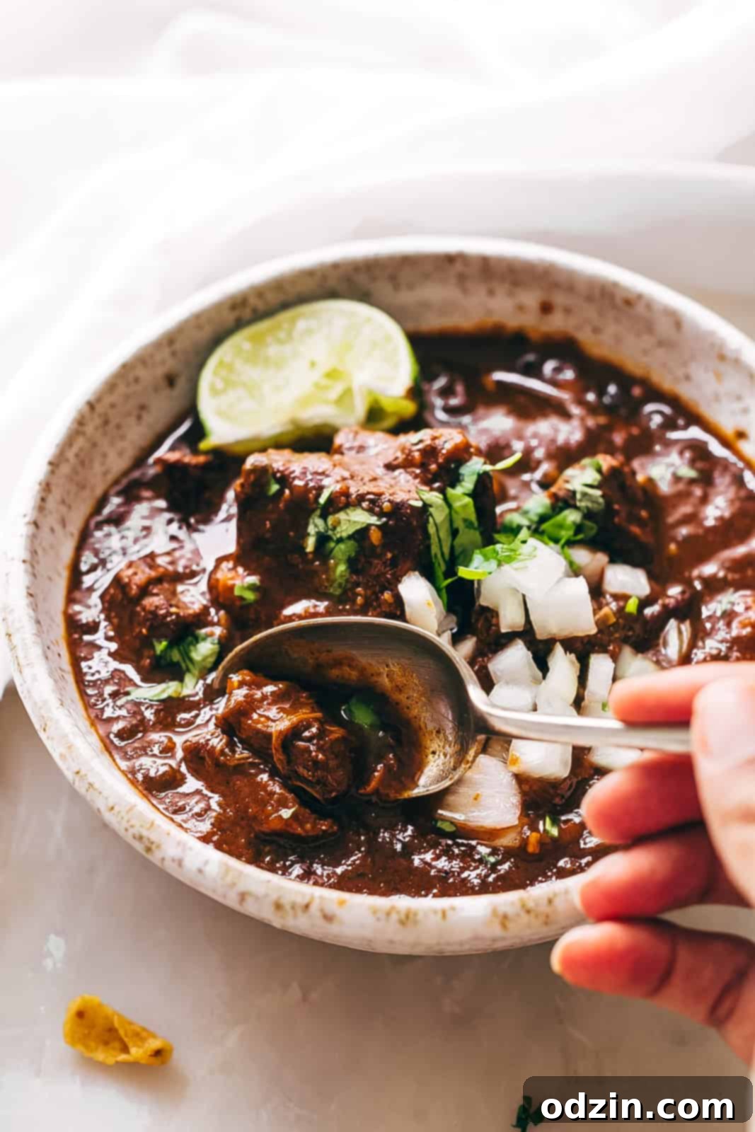 hand with spoon breaking the stew meat in bowl of chili con carne