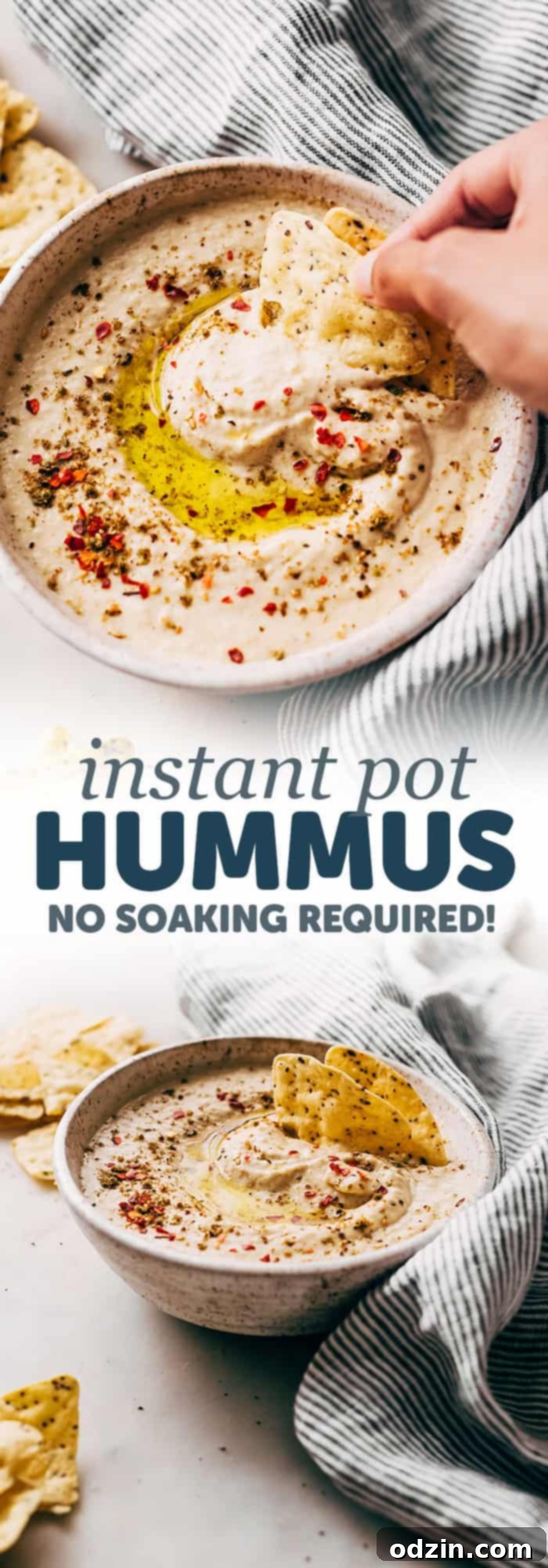 Instant Pot Hummus Pinterest Pin - Learn how to make the smoothest, creamiest, easy homemade hummus at home! And you can freeze it too!