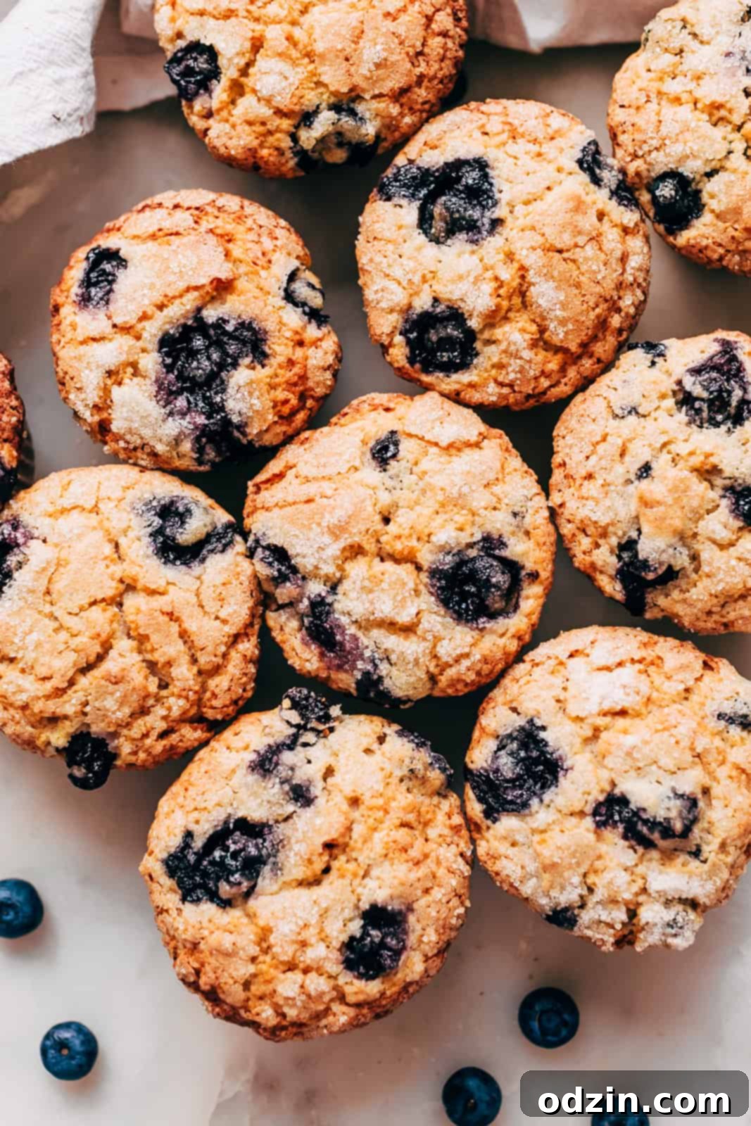 muffins gathered together on white marble with a few fresh blueberries scattered