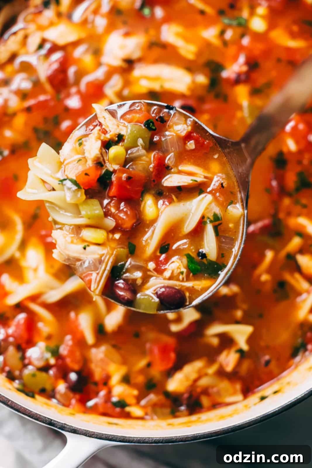 A ladle lifts a generous portion of Mexican chicken noodle soup, revealing tender noodles, black beans, corn kernels, and diced peppers, suspended in a rich broth.