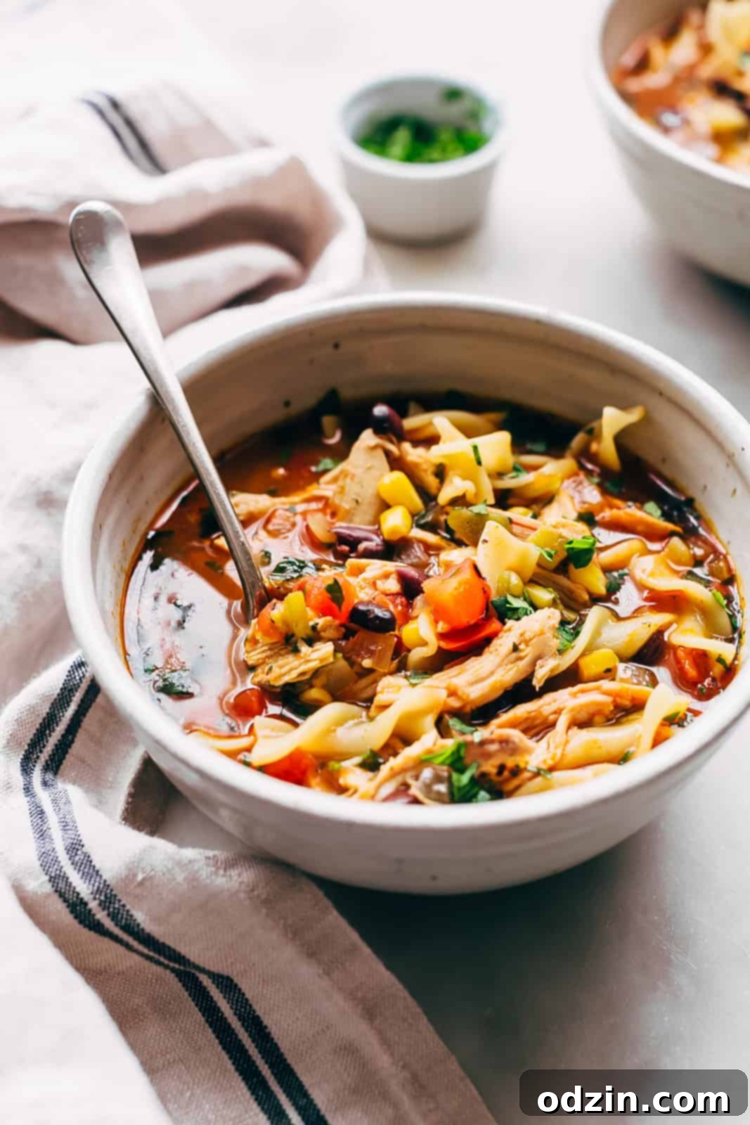 Close-up side view of a generous bowl of Mexican chicken noodle soup with a spoon, highlighting the rich broth, noodles, and chicken, ready to be enjoyed.