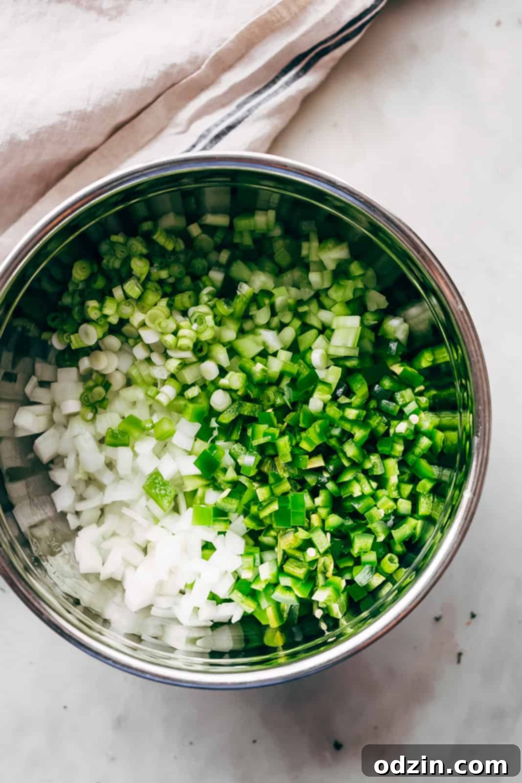 Spicy Cajun Shrimp Etouffee 6 stainless steel bowl with chopped scallions, pepper, and onions