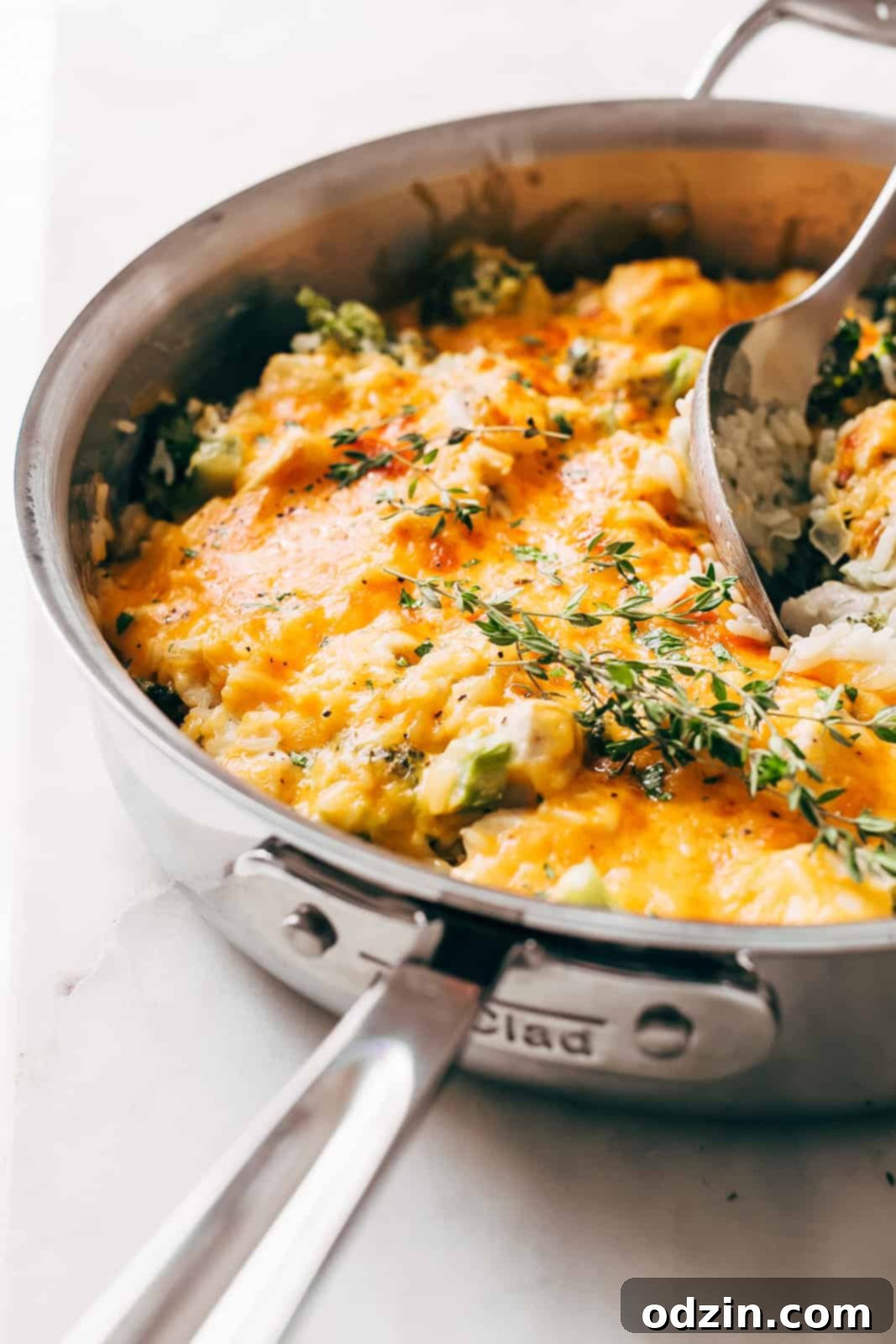 Easy One-Pot Cheesy Chicken, Broccoli & Rice Dinner 5 melted cheese on chicken broccoli rice casserole in stainless steel pan