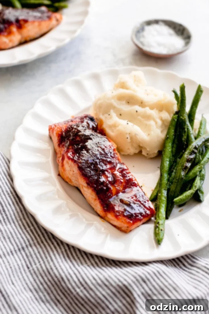 Two images combined with text for Pinterest, showing the finished Spicy Maple Glazed Salmon and ingredients.