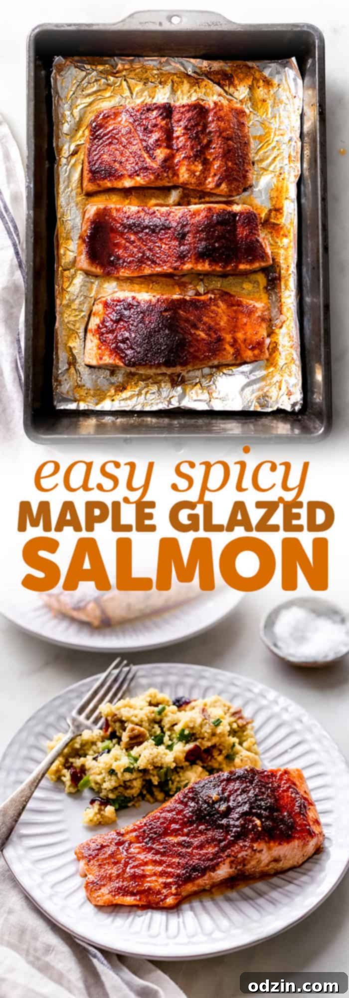Two images combined with text created for the sole purpose of pinning on Pinterest. Text overlay reads: 'Spicy Maple Glazed Salmon - This sweet yet spicy salmon recipe is ready in just 15 minutes! You only need a handful of simple ingredients to make this all-time favorite easy dinner recipe! | littlespicejar.com' accompanied by hashtags #SpicyMapleGlazedSalmon #EasySalmonRecipe #WeeknightDinner #BroiledSalmon