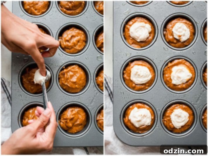 Chai-Spiced Pumpkin Cream Cheese Muffins 5 Visual steps illustrating how to swirl cheesecake batter into pumpkin muffin batter before baking.