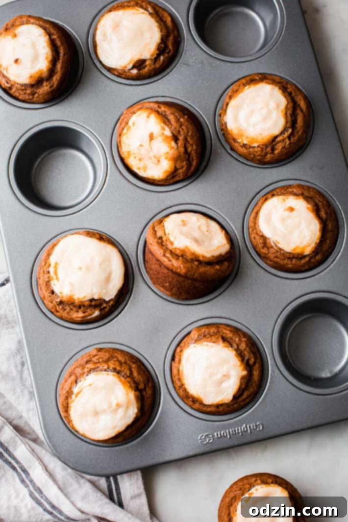 Chai-Spiced Pumpkin Cream Cheese Muffins 6 Warm muffins cooling in a metal muffin pan after being baked.