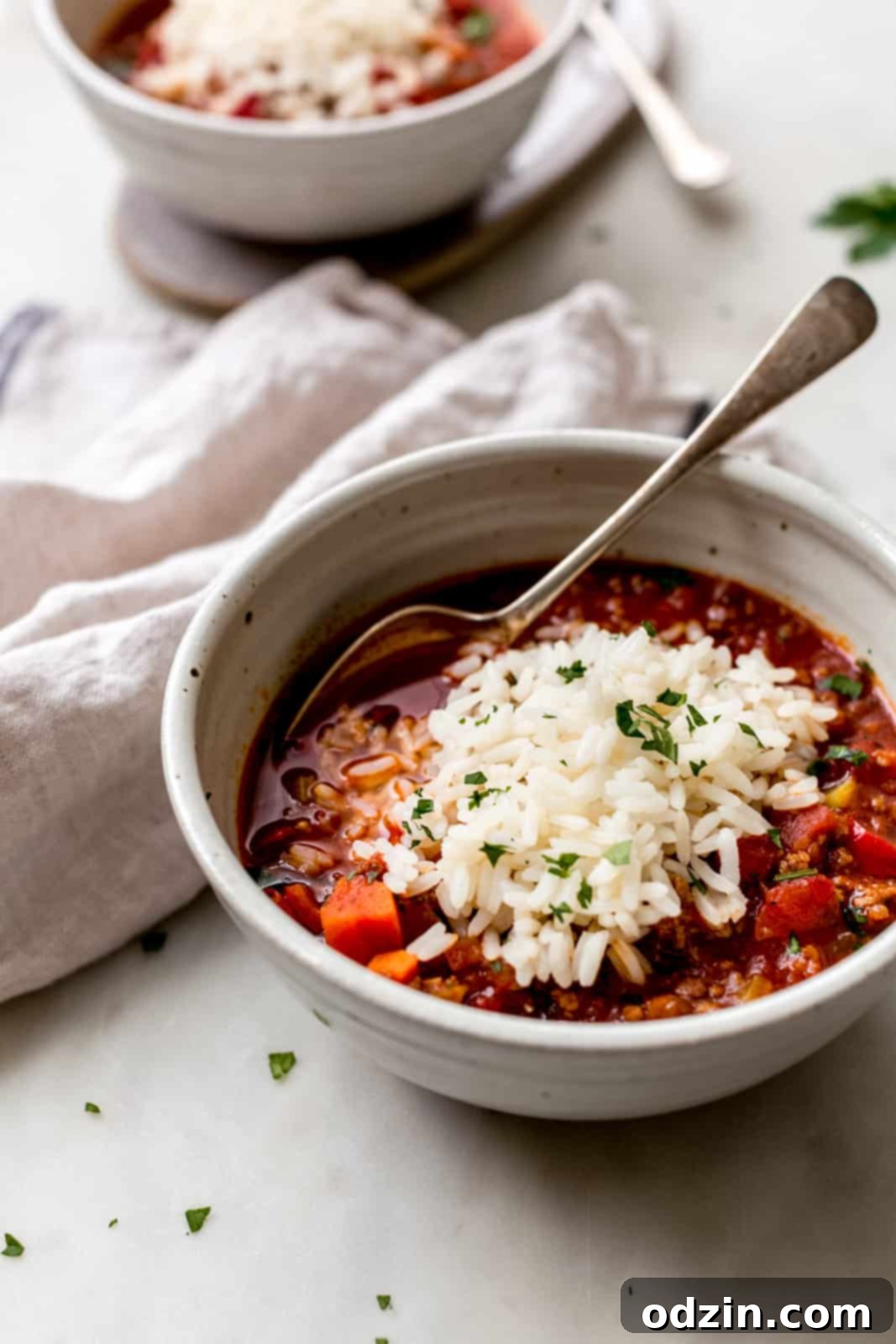 bowl of moroccan stuffed pepper soup topped with rice and a spoon resting in bowl on white marble surface
