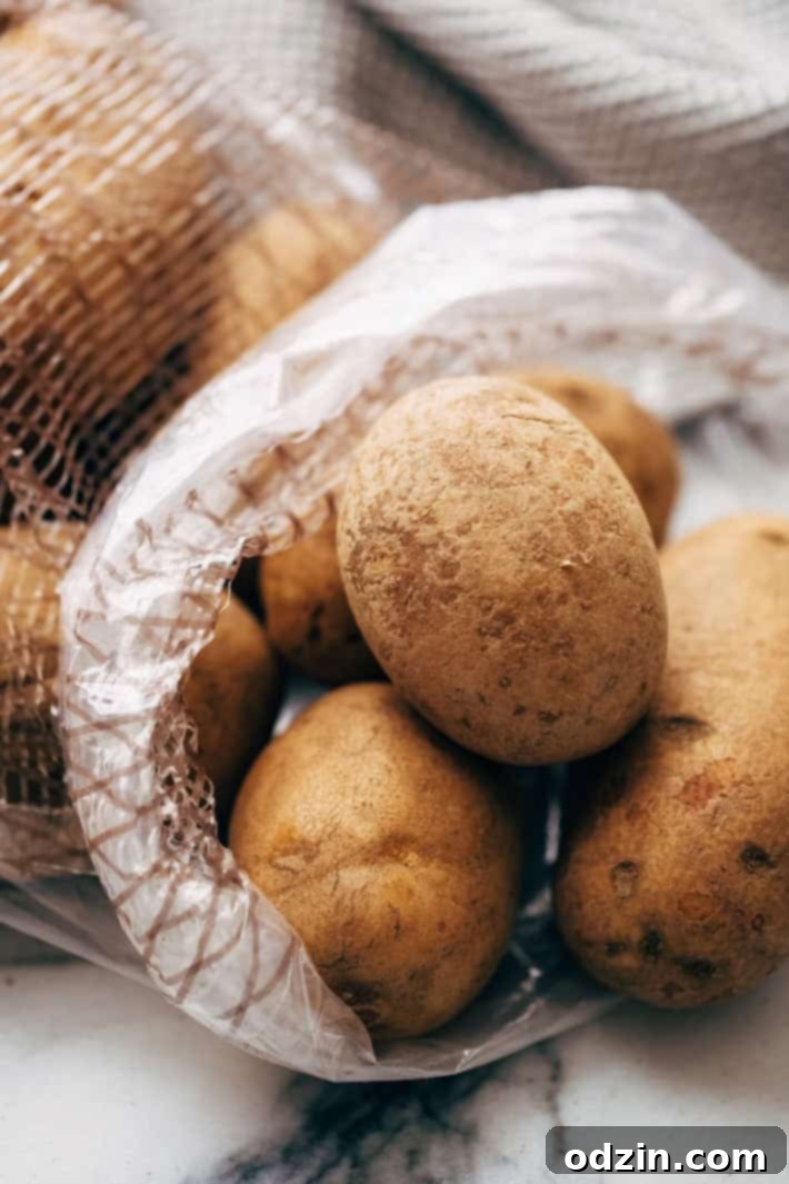 Several fresh russet potatoes neatly packed in a clear plastic bag, ready for preparation.
