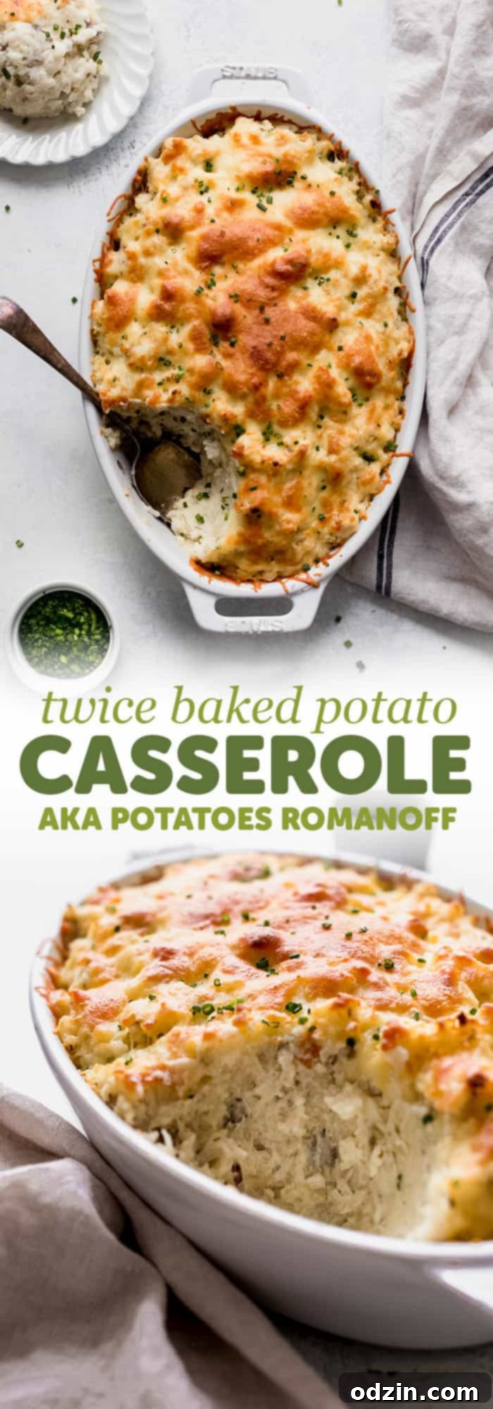 Two images combined with text for Pinterest: 'Twice Baked Potato Casserole (Potatoes Romanoff) - This isn't just an old baked potato, it's something special! Sure to be a hit at Thanksgiving! littlespicejar.com'