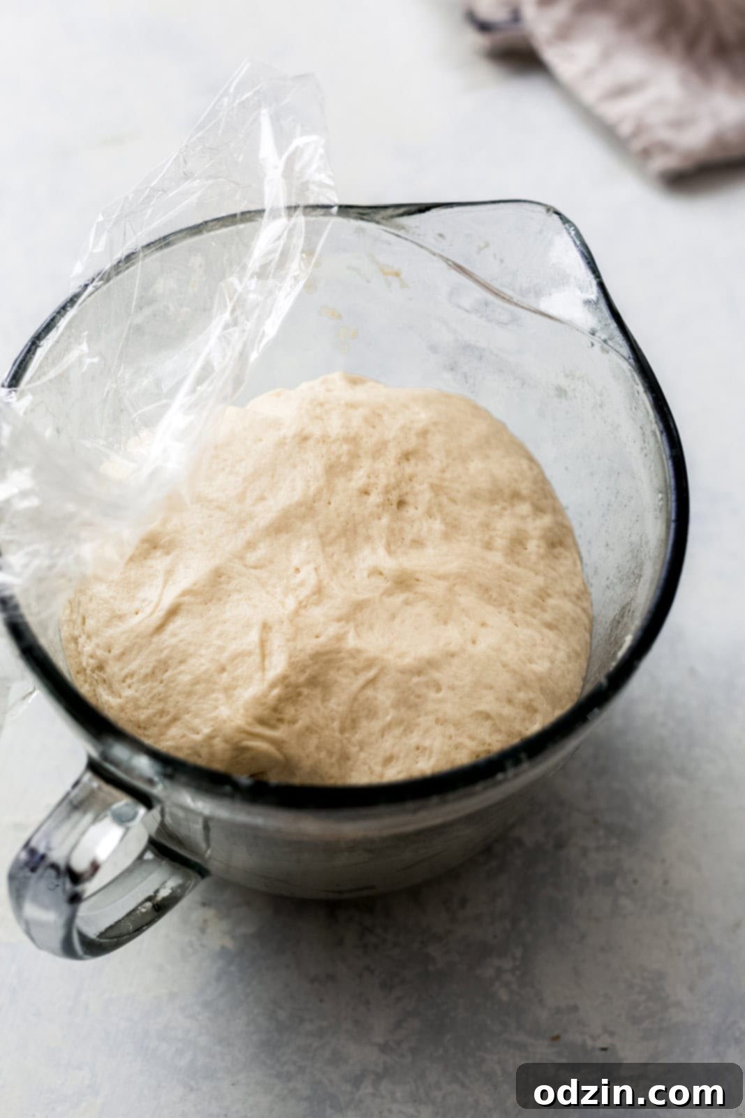 Spicy Cheddar Jalapeño Loaf 4 mixing bowl with handle with prepared bread dough on grey surface